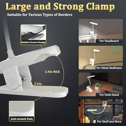 Desk Lamp Battery Operated, Clip on USB Rechargeable Reading Light for Headboard with Large Clamp, 25 Models Adjustable Cordless Touch Light for Bed Frame Bunk Dorm Table Bedside (White) - LeafyLoom