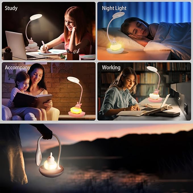 Kids Desk Lamp Pink, Dimming Desk Lamp for Girls with Exclusive Cartoon Look, Cute Night Light for Kids Bedroom, Eye-Caring LED Portable Reading Lamp for Child, Unique Gift (Pink Rabbit) - LeafyLoom