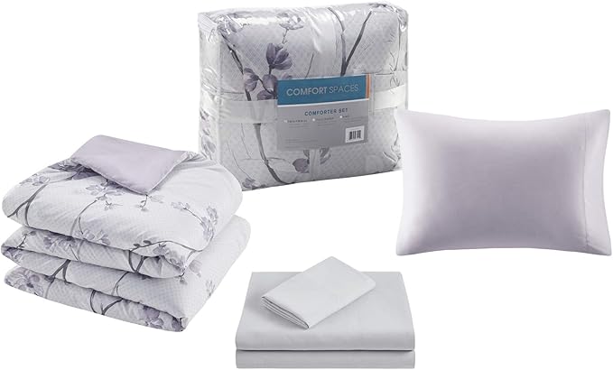 Comfort Spaces Bed in A Bag - Trendy Casual Design Cozy Comforter with Complete Sheet Set with Side Pocket, All Season Cover, Matching Shams Twin XL(66 in x 90 in), Kate, Grey/Purple 6 Piece - LeafyLoom