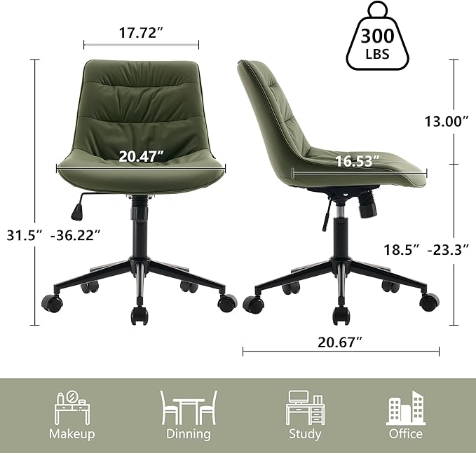 Kidol & Shellder Armless Office Chair Desk Chair Comfy Makeup Vanity Chair with Back Ergonomic Swivel Chair Home Office Desk Chairs with Wheels Computer Chair Bedroom Accent Chair(Olive Green) - LeafyLoom