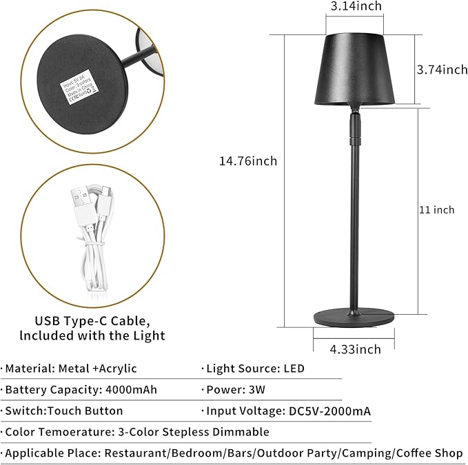 Cordless Table Lamp,Portable LED Desk Lamp, Battery Operated, 3 Color Stepless Dimming Up, for Restaurant/Bedroom/Bars/Outdoor Party/Camping/Coffee Shop Night Light。 (Black) - LeafyLoom