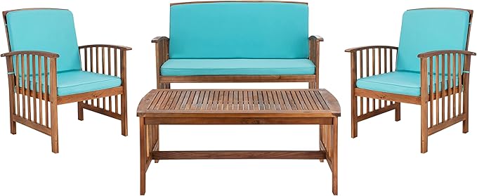 SAFAVIEH Outdoor Collection Rocklin Natural/ Aqua Cushion 4-Piece Conversation Patio Set - LeafyLoom