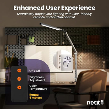 Neatfi LED Desk Lamp with Clamp, Touch & Remote Controlled, Stepless Dimming, 3 Color Modes, 3000-6000K, Detachable Shade, Flicker-Free, 360° Rotation, Wide Angle Lighting (Modern, Silver) - LeafyLoom