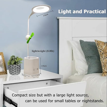 Led Desk Lamps, Small Cute Desk Lamp with 3 Lighting Modes, Modern Desk Ring Night Light with Pen Holder and Green Mini Fan for Home Office Bedroom - LeafyLoom