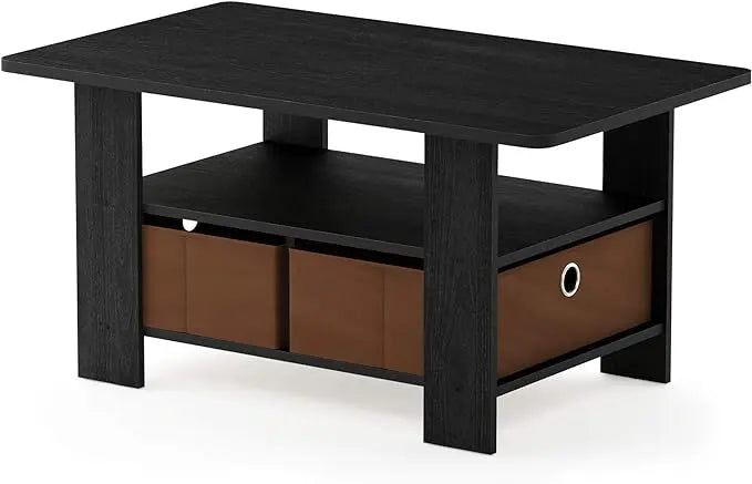 Furinno Andrey Coffee Table with Bin Drawer, Americano/Medium Brown, Small Non-Lift Top - LeafyLoom