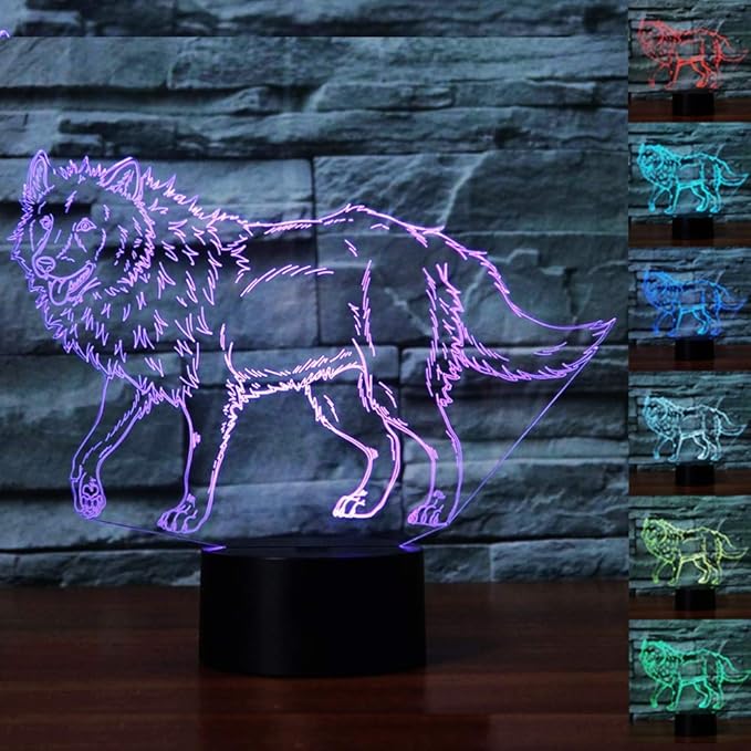 3D Illusion Animal Wolf Optical Night Light 7 LED Color Changing Desk Table Lamp Acrylic Flat Painted Image for Kiddie Kids Children Family Home Office Childrenroom Theme Decoration - LeafyLoom