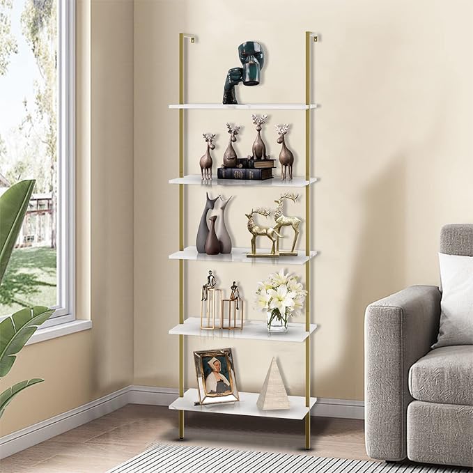 aboxoo Ladder Shelf White Marble Bookshelf 5-Tier Wall-Mounted Wood Rack Industrial Modern Plant Flower Stand Utility Organizer Open Bookcase Metal Frame Furniture Office Kitchen Bedroom - LeafyLoom