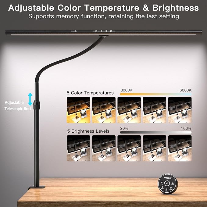 Desk Lamp with Clamp, 31.5" LED Desk Lamp for Home Office, 24W Gesture Sensing Control Desk Light, Dimmable & Color Temperature, Eye-Caring Office Lamp, Brightest Architect Lamp for Screen - LeafyLoom