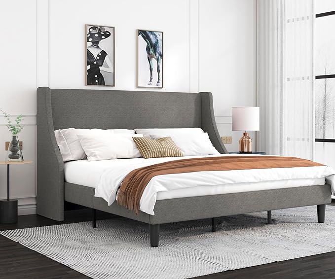 Allewie King Size Bed Frame, Platform Bed Frame with Upholstered Headboard, Modern Deluxe Wingback, Wood Slat Support, Mattress Foundation, Light Grey - LeafyLoom