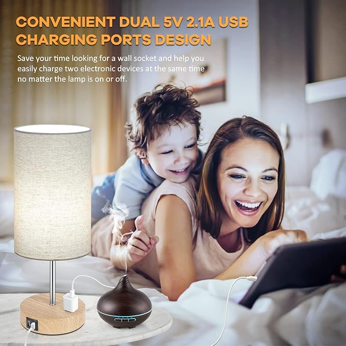 Bedside Table Lamps with 2 USB Charging Ports & AC Outlet, Set of 2 Touch Control Wooden Base Nightstand 3-Way Dimmable Lamps with Beige Fabric Shade for Bedroom, Living Room, A19 E26 Bulbs included - LeafyLoom