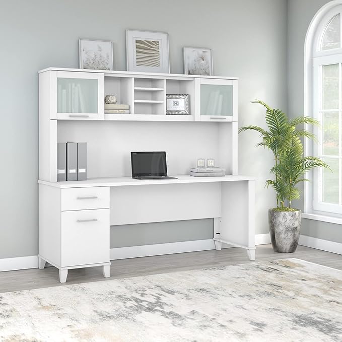 Bush Furniture Somerset 72W Office Desk with Drawers and Hutch in White - LeafyLoom