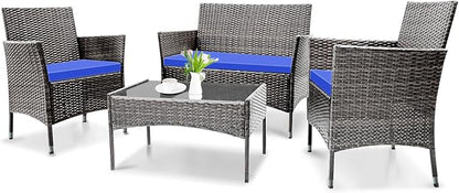 Patio Furniture, 4 Piece Conversation Set, Outdoor Wicker Rattan Table and Chairs, Sectional Sofa with Thick Cushion for Garden, Yard, or Porch, Light Grey - LeafyLoom