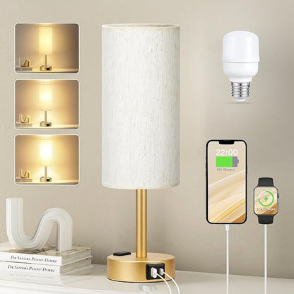 Gold Nightstand Bedroom Lamp - 3 Way Dimmable Bedside Lamp USB C A Charging Ports and AC Outlet, Small Table Lamp Linen Lampshade for Office Desk, LED Bulb Included - LeafyLoom