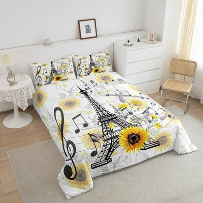 Eiffel Tower Kids Comforter Set Cute Sunflower Bed Sheet Set for Boys Children Teens Bedroom Decor Paris Tower Bedding Set Set Floral Music Themed Bed Cover Full Size with 3 Pillow Case - LeafyLoom