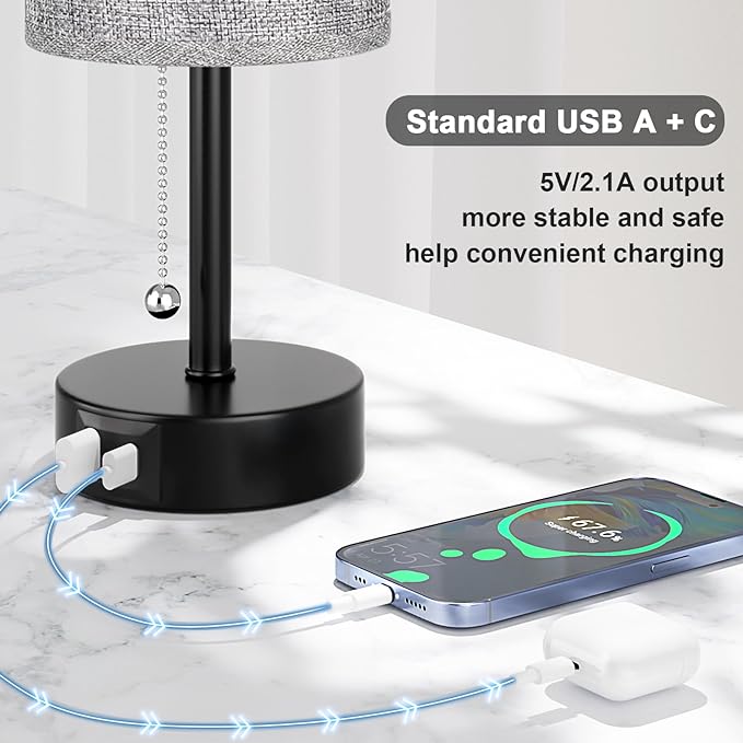 Grey Bedside Lamp for Bedroom Nightstand - Small Table Lamp with USB A + C Charging Port, 3 Color Temperatures Pull Chain Night Stand Light with Bulb, Side Table Desk Reading Lamp for Living Room - LeafyLoom