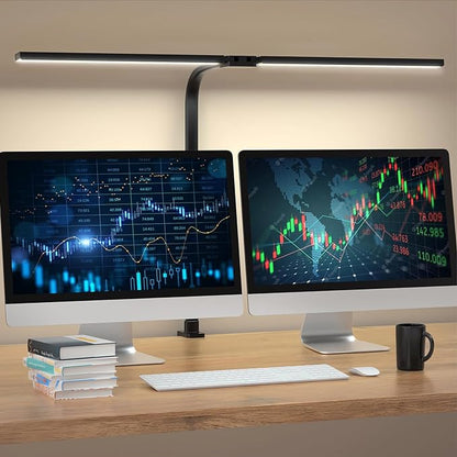 LED Desk Lamp for Home Office- 24W Double Head Desk Light with clamp, 5 Lighting Modes, 11 Brightness Levels, Adjustable Gooseneck Lamp with Timer- Black - LeafyLoom