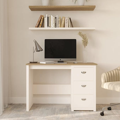 Lavish Home Traditional Desk with Attached 3-Drawer File Cabinet-for Home Office, Bedroom, Computer, or Craft Table, White and Wood Finish - LeafyLoom