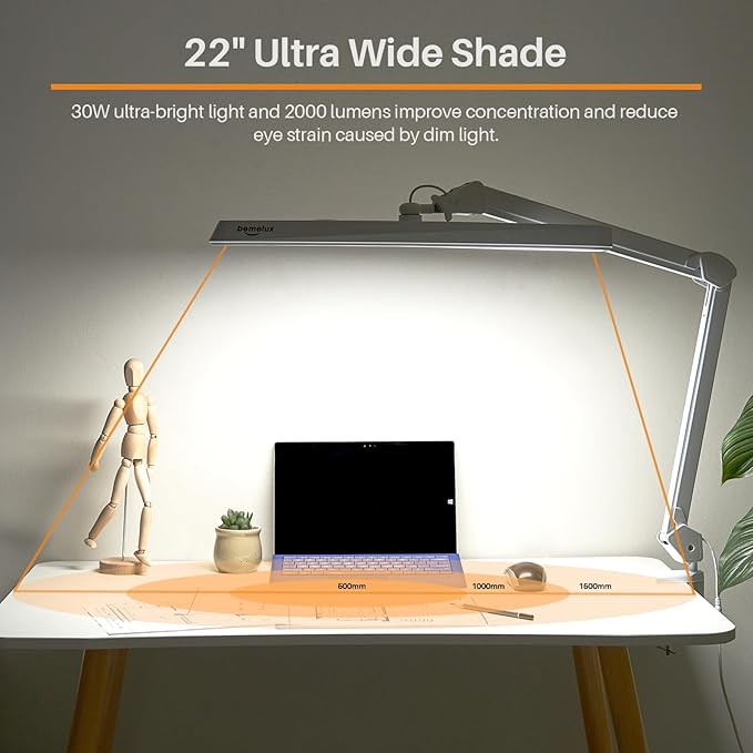 LED Architect Desk Lamp, 2500 Lumens, Dimmable, Metal Swing Arm, 5 Color Temperatures, 30W, Ideal for Task Work, Drafting, Reading, Clamp-on Office Table Lamp with 324 Bright LEDs(White) - LeafyLoom