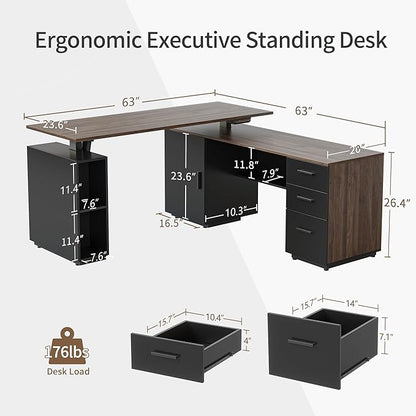 FEZIBO 63" L Shaped Executive Standing Desk with File Cabinet, Electric Height Adjustable, Black Walnut - LeafyLoom