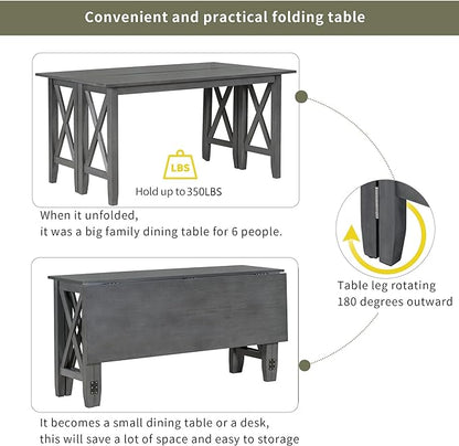 6-Piece Family Dining Set Solid Wood Space Saving Foldable Table and 4 Chairs with Bench, Easy to Assemble, for Living, Guest Room, Home Bar and Kitchen, White+Gray - LeafyLoom
