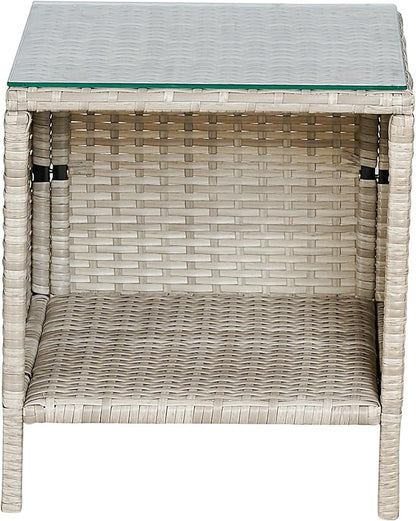 BTEXPERT Outdoor Wicker Conversation 3 Piece Bistro Set Garden Patio Yard Porch Furniture Space Saving Pe Rattan 2 Chairs Cushions Side Storage Glass Table Gray/Cream 3pc, OneSize - LeafyLoom