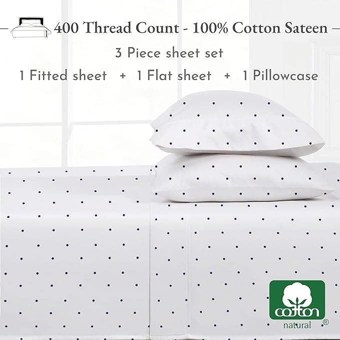 California Design Den Polka Dot Sheets Softest 100% Cotton Sheets for Twin Size Bed, Luxury 400 Thread Count Sateen, Printed Pattern (Polka Dot) - LeafyLoom