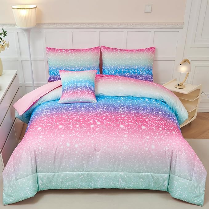 PERFEMET Girls Comforter Set with Sheets 6 Pieces Full Size Bedding Set Blue Pink Green Ombre Bed in A Bag Rainbow Tie Dye Kids Bed Sets Grandient Glitter Full Comforter Sets - LeafyLoom