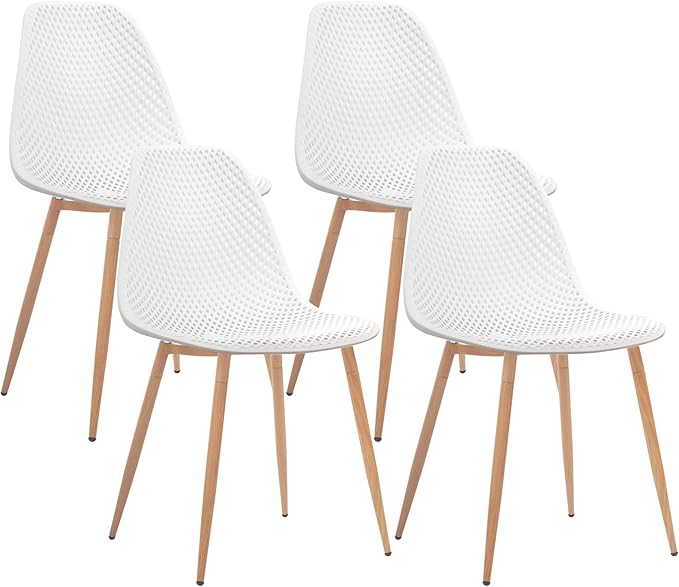 CangLong Dining Mid Century Modern Hollow Back Design Plastic Shell Armless Side Chair with Metal Legs, Set of 4, White (CL-191618) - LeafyLoom