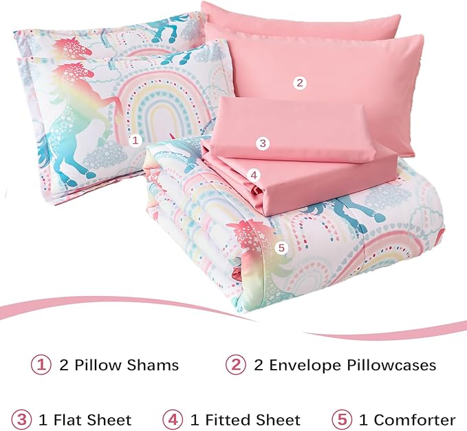 Twin Comforter Set for Girls, 6 Pieces Bed in a Bag, Colorful Unicorn Bedding Comforter Sheet Set, Ultra Soft and Fluffly, Pink & Rainbow Color, Colorful Bed in a Bag for Girls - LeafyLoom