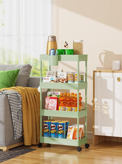 LEHOM Slim Rolling Storage Cart - 4 Tiers Bathroom Organizer Utility Cart Slide Out Storage Shelves Mobile Shelving Unit for Kitchen, Bedroom, Office, Laundry Room, Small Narrow Spaces, Green - LeafyLoom