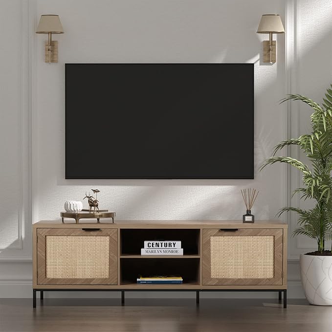 Anmytek Rattan TV Stand for 65 Inch TV Mid Century Modern Entertainment Center with Natural Rattan Door & Herringbone Texture Large TV Console Table for Living Room, Natural Oak - LeafyLoom