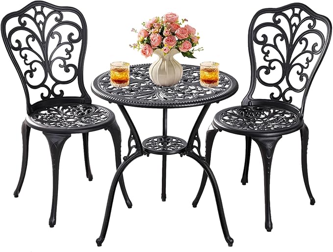 Patio Bistro Set 3 Piece Outdoor,Cast Aluminum Outdoor Bistro Table and Chair Set of 2 with 1.97" Umbrella Hole,All Weather Metal Bistro Table Set for Front Porch Set(Butterfly Black) - LeafyLoom