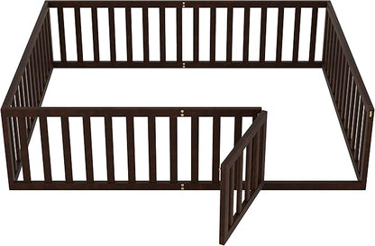 Multifunctional Queen Size Floor Bed with Safety Guardrails and Door, Montessori Sturdy Solid Wood Beds Frame, Easy Assembly and No Spring Need, for Boys and Girls Room, Walnut - LeafyLoom