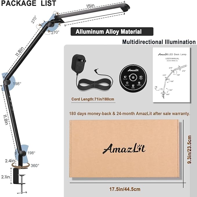 LED Desk Lamp with Clamp, 12W Eye-Caring Swing Arm Table Lamp, Stepless Dimming and Adjustable Color Temperature,Modern Architect Lamp with Memory and Timing Function for Study, Work, Home, Office - LeafyLoom