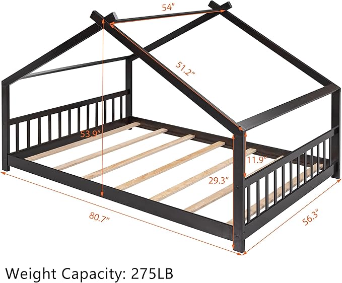 Bellemave Wood Montessori Full Size Bed Frame, Espresso - Playhouse Design, Sturdy, Safety, No Box Spring Needed, Easy Assemble - LeafyLoom