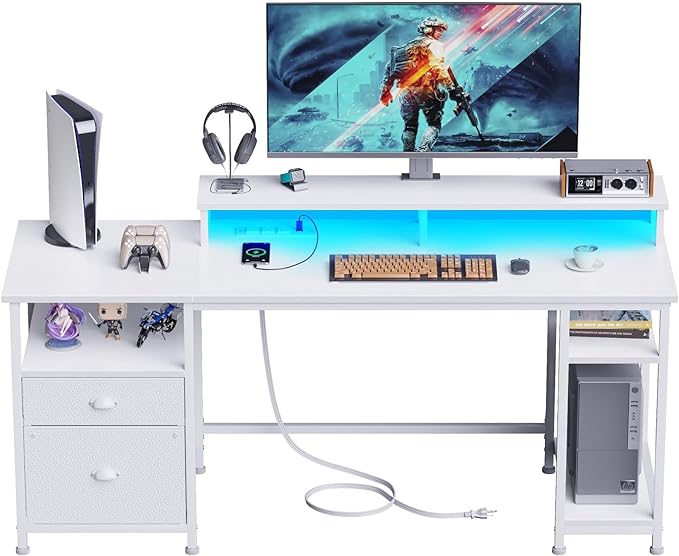 Furologee 61" Desk with LED Light & Power Outlets, Reversible Computer Desk with File Cabinet & Drawer, White Gaming Desk Writing Table with Dual Monitor Stand, for Home/Office/White - LeafyLoom