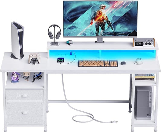 Furologee 61" Desk with LED Light & Power Outlets, Reversible Computer Desk with File Cabinet & Drawer, White Gaming Desk Writing Table with Dual Monitor Stand, for Home/Office/White - LeafyLoom