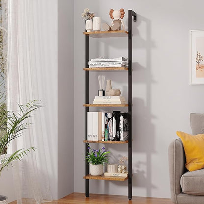 YMYNY 5 Tiers Ladder Bookcase, Industrial Wall Mounted Bookshelf, Open Display Rack with Metal Frame, Wooden Storage Shelves for Bedroom, Home Office, Plant Stand, Rustic Brown, 70*17.3*11.8"UHBC015H - LeafyLoom