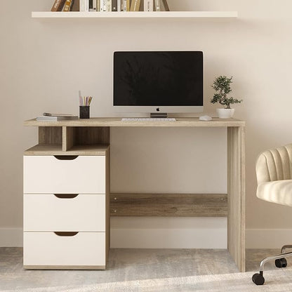 Lavish Home Contemporary Desk with Attached 3-Drawer File Cabinet for Home Office, Bedroom, Computer, or Craft Table, 43-Inch Long, White and Natural - LeafyLoom