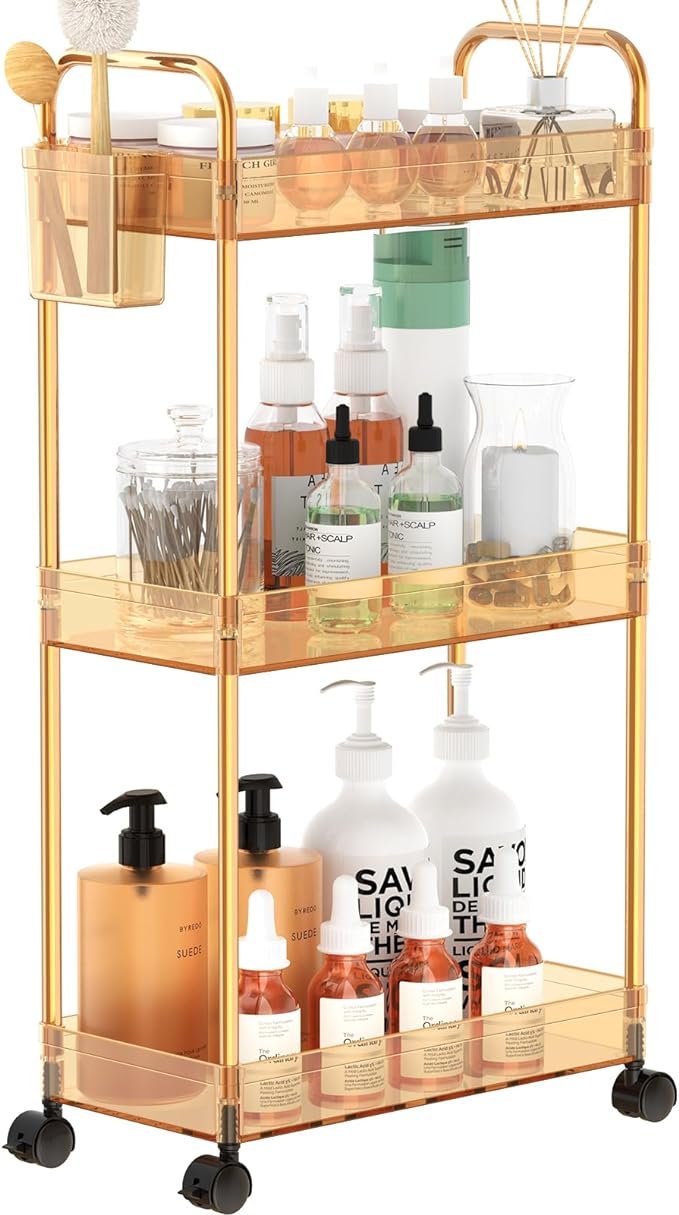 SPACEKEEPER 3 Tier Utility Storage Cart Rolling Bathroom Organizer, Transparency Mobile Shelving Unit Clear Rolling Utility Cart Multifunction, Amber - LeafyLoom