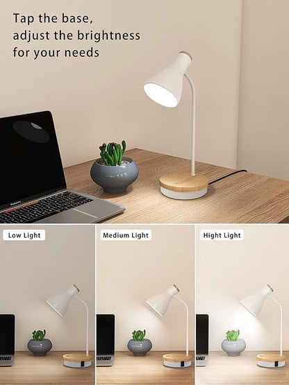 Metal Desk Lamp Touch Reading Lights Table Lamp Arc Desk Lamps for Bedroom, 3 Way Dimmable Bedside Lamp with USB Charging Ports, Reading Lamp for Study Room and Office - (White-02) - LeafyLoom