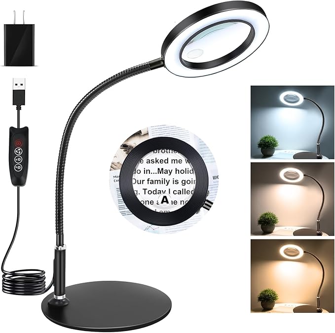 NZQXJXZ 20X10X Magnifying Glass with Light and Stand Lighted Magnifier with 72 LEDs 3 Color Modes and 10 Stepless Dimmable Desk Magnifying Lamp for Hobbies, Reading, Close Work, Jewelry - LeafyLoom