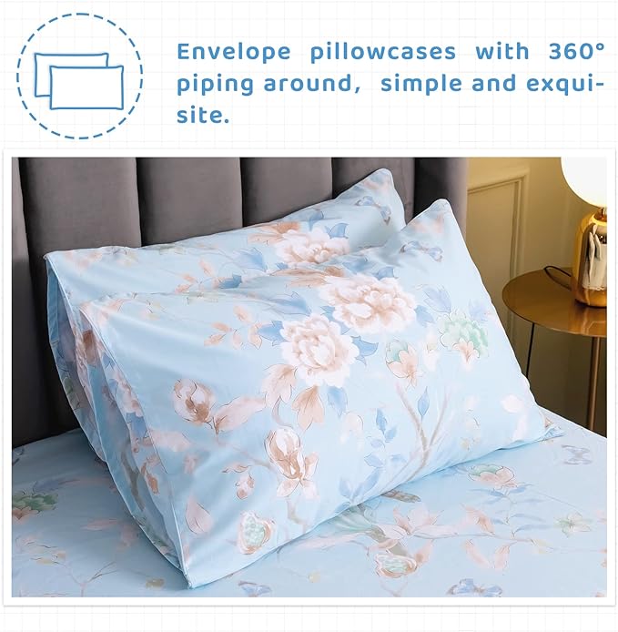 QSH 100% Cotton Floral Sheets for Split King Size Bed, Blue Flowers Plant Pattern Botanical Luxury Cotton Printed Floral Bedding Split King Sheet with Deep Pockets 17" Soft and Breathable 5pcs - LeafyLoom