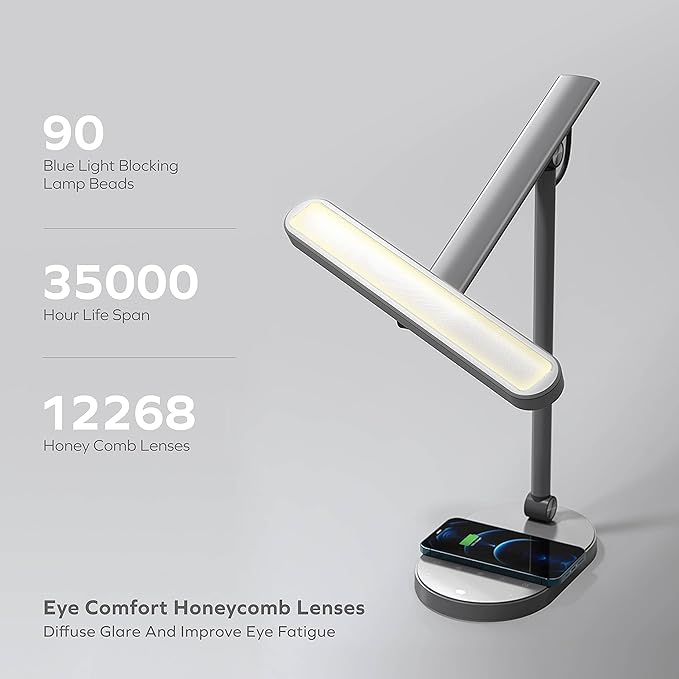 MOMAX LED Desk Lamp with 15W Wireless Charger, Eye-Caring Q.Led Table Lamp with Light Sensor, 1000 Lumens, 10W USB Port, Foldable & Rotatable, Desk Light for Home Office, Reading, Studying (White) - LeafyLoom