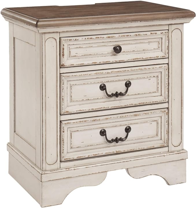 Signature Design by Ashley Realyn French Country 3 Drawer Nightstand with Electrical Outlets & USB Ports, Chipped White - LeafyLoom