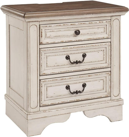 Signature Design by Ashley Realyn French Country 3 Drawer Nightstand with Electrical Outlets & USB Ports, Chipped White - LeafyLoom