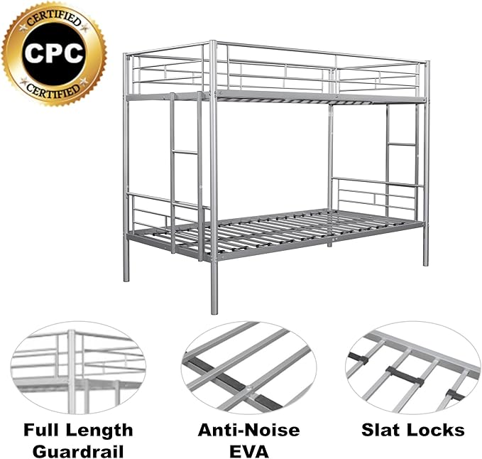 Metal Twin over Twin Bunk Bed,Heavy-duty Sturdy Metal-bed,Noise Reduced Design, 2 Side Ladders, Safety Guardrail,CPC Certified,No Box Spring Needed,Bedroom Furniture,Silver - LeafyLoom