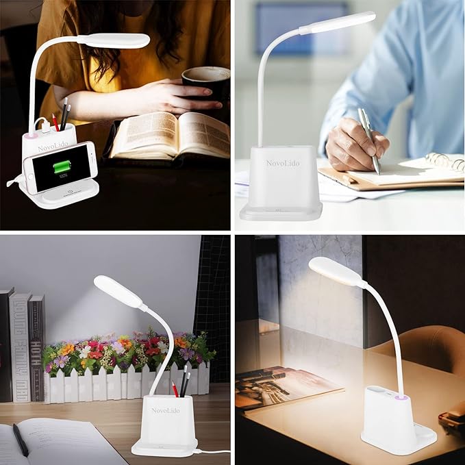 LED Desk Lamp, NovoLido Rechargeable Lamp with USB Charging Port/Pen Holder/Phone Holder, Small Study Cute for Kids/Home/Office/Dorm, Flexible Portable Bedside Table Reading (White) - LeafyLoom