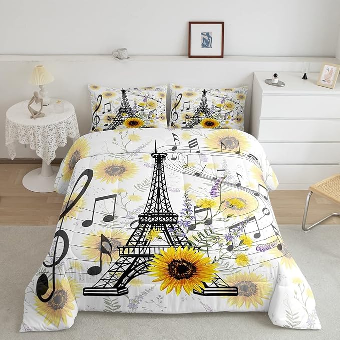 Eiffel Tower Kids Comforter Set Cute Sunflower Bed Sheet Set for Boys Children Teens Bedroom Decor Paris Tower Bedding Set Set Floral Music Themed Bed Cover Full Size with 3 Pillow Case - LeafyLoom