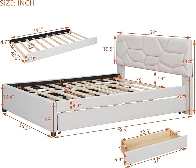 Full Size Linen Upholstered Platform Bed with Twin Size Trundle and 2 Drawers,Bedroom Bed Frame w/Brick Pattern Headboard,Wooden Slats Supproted,for Teens Kids Adults,Beige - LeafyLoom